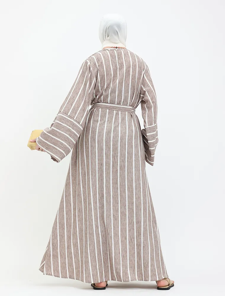 Mocha Linen Feel Striped Belted Abaya